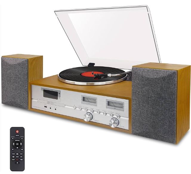 Turntable Player with Stereo Speaker Player Multimedia Center with Remote Control CD Player with LCD Display USB,MP3,FM Radio,Aux in Encoding