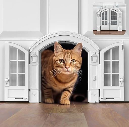 Purrfect Portal French Cat Door - Stylish No-Flap Cat Door Interior Door for Average-Sized Cats Up to 20 lbs, Easy DIY Setup, Secured Installation in Minutes, No Training Needed, 7.13 x 8.32”