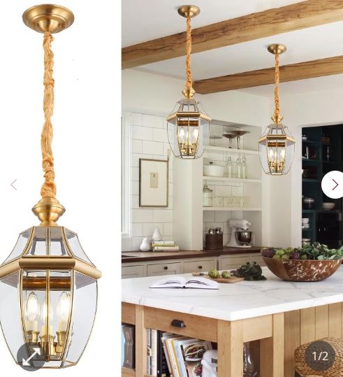 Kviflon Rustic Outdoor Porch Pendant Light With Glass Cage, Farmhouse Vintage Gold Brass Kitchen Island Light Fixtures, Adjustable Hanging Lantern Light, 3-Light For Dining Room Living Room