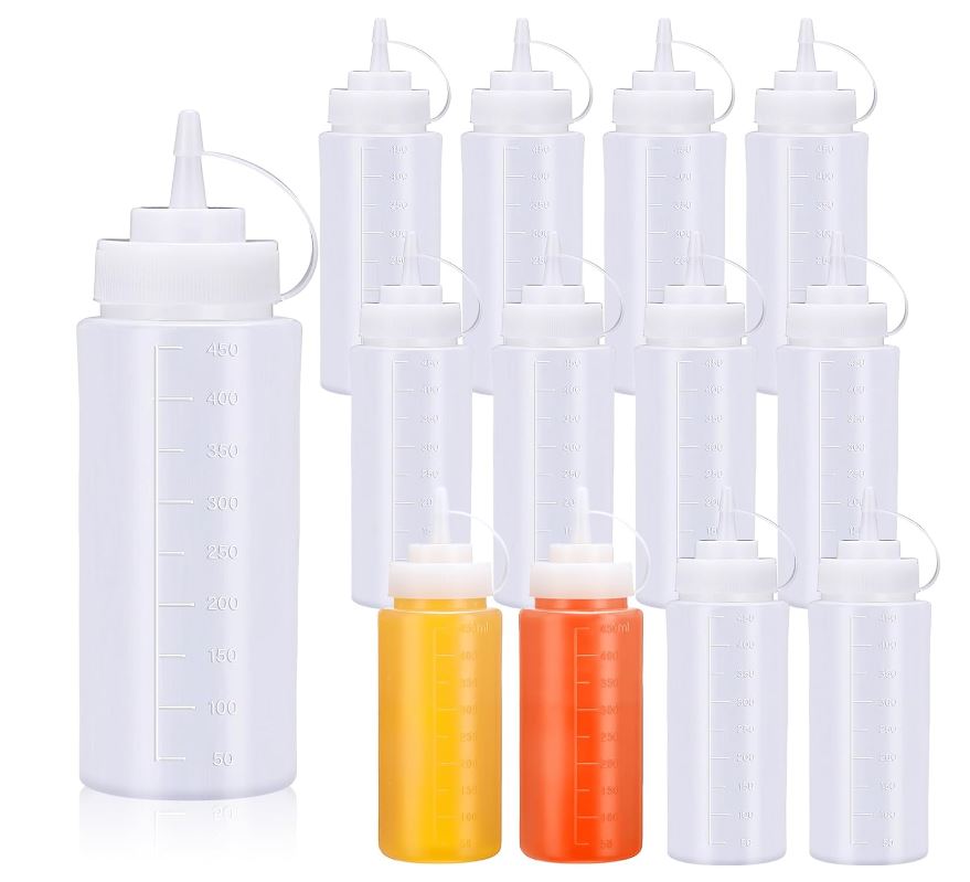 Hushee - 12 botellas de plástico para condimentos con tapas giratorias, dispensadores de aceite de oliva, ketchup, mostaza, salsa de barbacoa, a prueba de fugas, para aderezo de ensaladas 