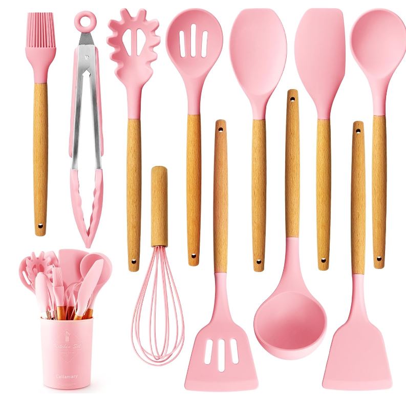 Silicone Kitchen Utensil Set, 11 Pieces Cooking Utensil with Wooden Handles, Utensil Holder for Nonstick Cookware, Spoon, Soup Ladle, Slotted Turner, Whisk, Tongs, Brush, Pasta Server (Pink)