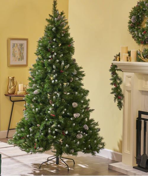 9-Foot Mixed Spruce Hinged Artificial Christmas Tree With Frosted Branches, Red Berries, And Frosted Pinecones