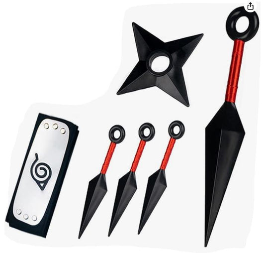 Animes Ninja Cosplay Juego completo en caja 3 piezas pequeñas de plástico Kunai Ninja Leaf Village diadema y collar, y 1 gran Kunai de plástico, animes Cosplay accesorios negro 