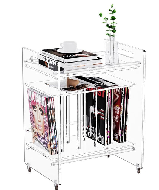 Acrylic End Table, Vinyl Magzine Storage Bookshelf with 3 Tier Side Table with Wheels