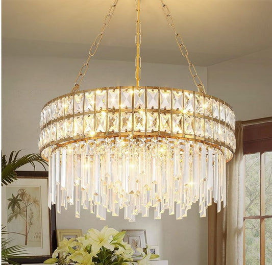 Modern Crystal Chandelier Gold Finish Light Fixture, Round Crystal Pendant Light Hanging Lamp, for Living Room, Dining Room, Restaurant, E12 x 8, Ø21.5 inch(Flat)