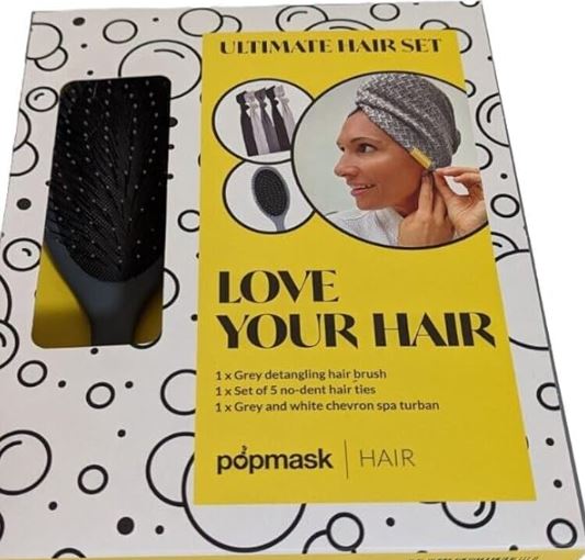 POP MASK Love Your Hair Ultimate 3 Piece Hair Set (Detangling Brush, Hair Ties, Turban) GRAY