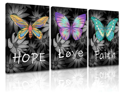 LoveHouse 3 PCS Butterfly Wall Art Inspirational Quote Canvas Artwork Yellow Blue Purple Butterfly on Grey Flower Elegant Photo Picture Stretched Modern Home Decoration Ready to Hang 16x24inchx3 Panel