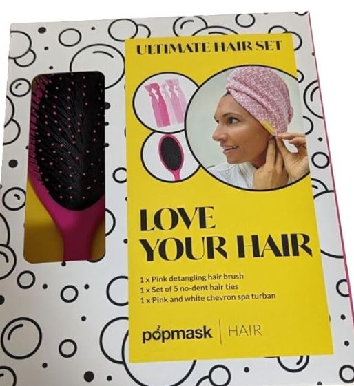 POP MASK Love Your Hair Ultimate 3 Piece Hair Set (Detangling Brush, Hair Ties, Turban) PINK