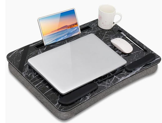 Portable Laptop Lap Desk with Handle, Bed & Sofa Lap Table for Working, Studying, Painting, Laptop Lap Tray Built-in Pillow Cushion, Elastic Band, Wrist Pad, Multifunctional Slots - Black