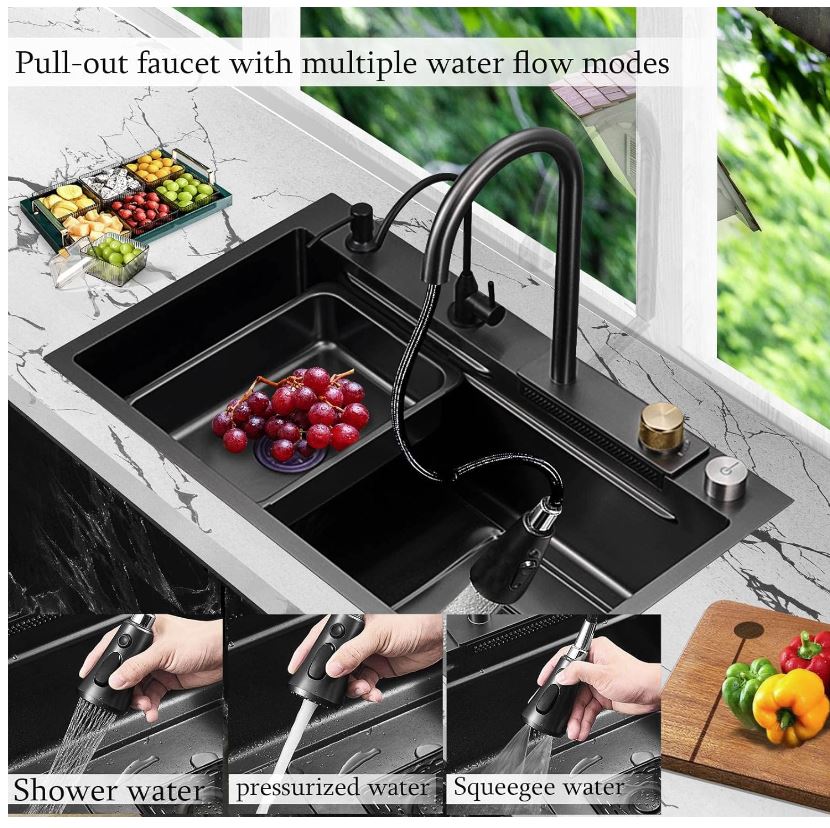 Fregadero de cocina de 32'' con cascada, grifo extraíble de acero inoxidable 304, color negro, fregadero de barra de un solo tazón, fregadero de cocina familiar con juego completo de accesorios (31,49'' x 17,7'') 