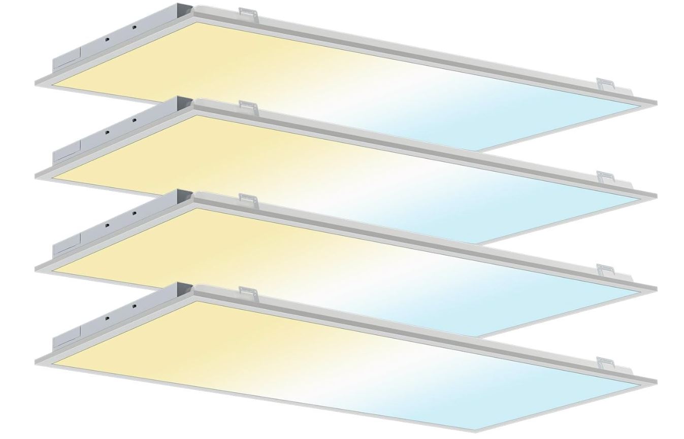 Paquete de 4 luces LED de panel plano de 2 x 4, 3 CCT 3000 K-6500 K/50 W 60 W 70 W seleccionables, luces LED de 2 x 4 para techo suspendido, 0-10 V regulables, luces de techo empotradas retroiluminadas para oficina y hogar, ETL DLC 