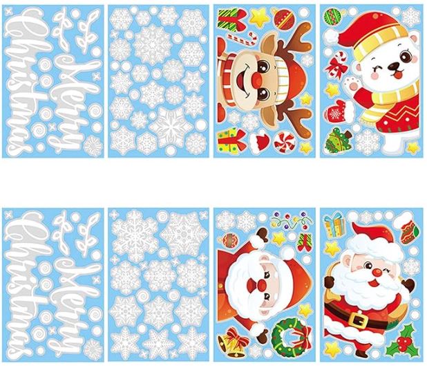 Window Clings, 151 PCS Christmas Snowflake Window Stickers, Santa Claus Reindeer Snowflake Decals for Xmas Party Decorations ( 8 Sheet)