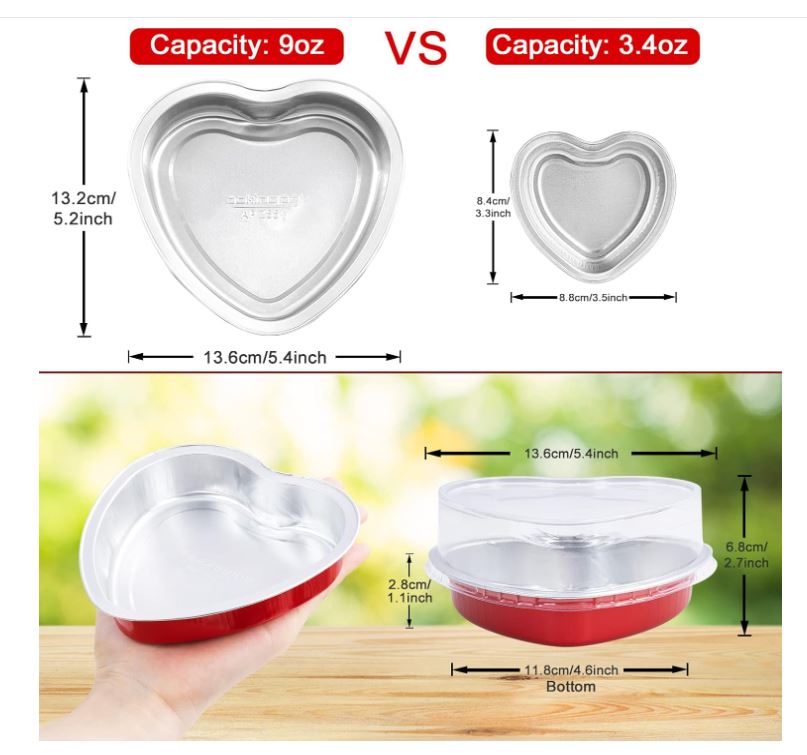 Aluminum Foil Mini Heart Cake Pan, 9oz Disposable Heart Shaped Cake Pans with Lids,Cupcake Liners Muffin Tins,Cupcake Baking Cups Ramekins Containers for Valentine's Day(Red)