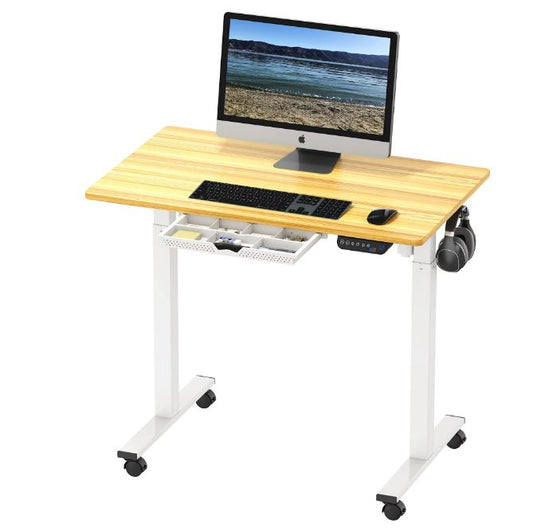 SHW Small Electric Height Adjustable Mobile Sit Stand Desk with Drawer, Hanging Hooks and Cable Management, 40 x 24 Inches, Oak