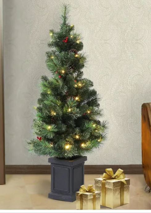 Lighted 4Ft Artificial Christmas Tree with 100 Lights, Pinecone, and Berries Holiday Decoration