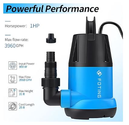 FOTING Bomba de sumidero sumergible 1HP Bomba de agua limpia/sucia, 3960 GPH Bomba de utilidad portátil para piscina, jardín, estanque, sótano con cable de alimentación de 25 pies de largo