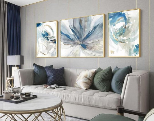 3 piezas de arte de pared de flores azules y doradas con marco de metal para sala de estar, impresiones en lienzo enmarcadas para dormitorio, cuadros abstractos modernos grandes para oficina, cocina y decoración del hogar, 24 x 64 pulgadas 