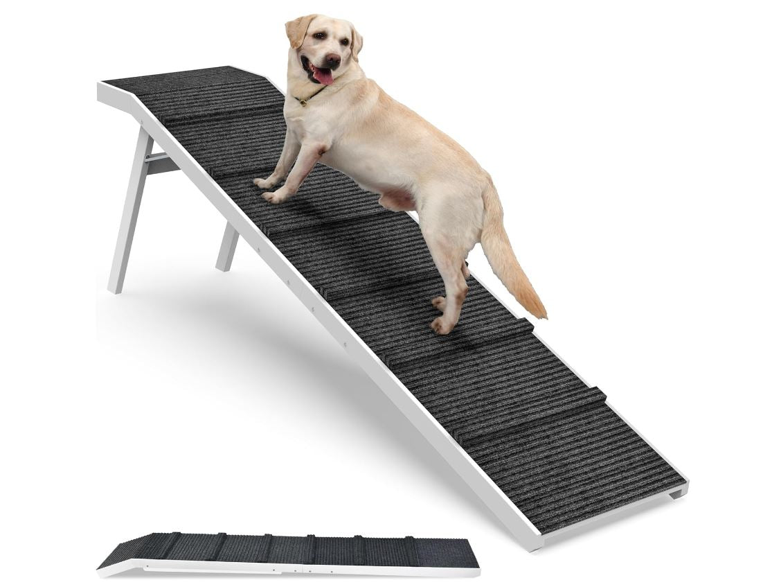 Folding Dog Ramp for Bed, 74" Durable Wood Pet Ramp Supports up to 150 lbs with High Traction Carpet & Top Platform, Great for Older Dogs and Cats, Grey