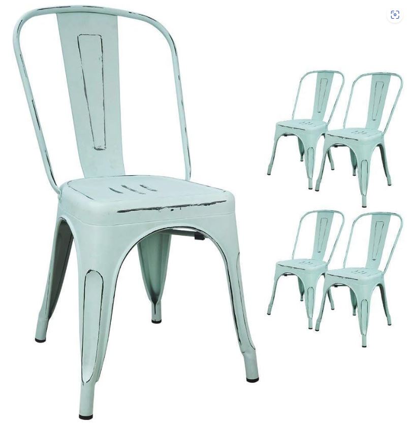 Juego de 4 sillas de metal para interior y exterior, estilo envejecido, sillas de comedor de cocina, sillas laterales apilables con respaldo (azul) 