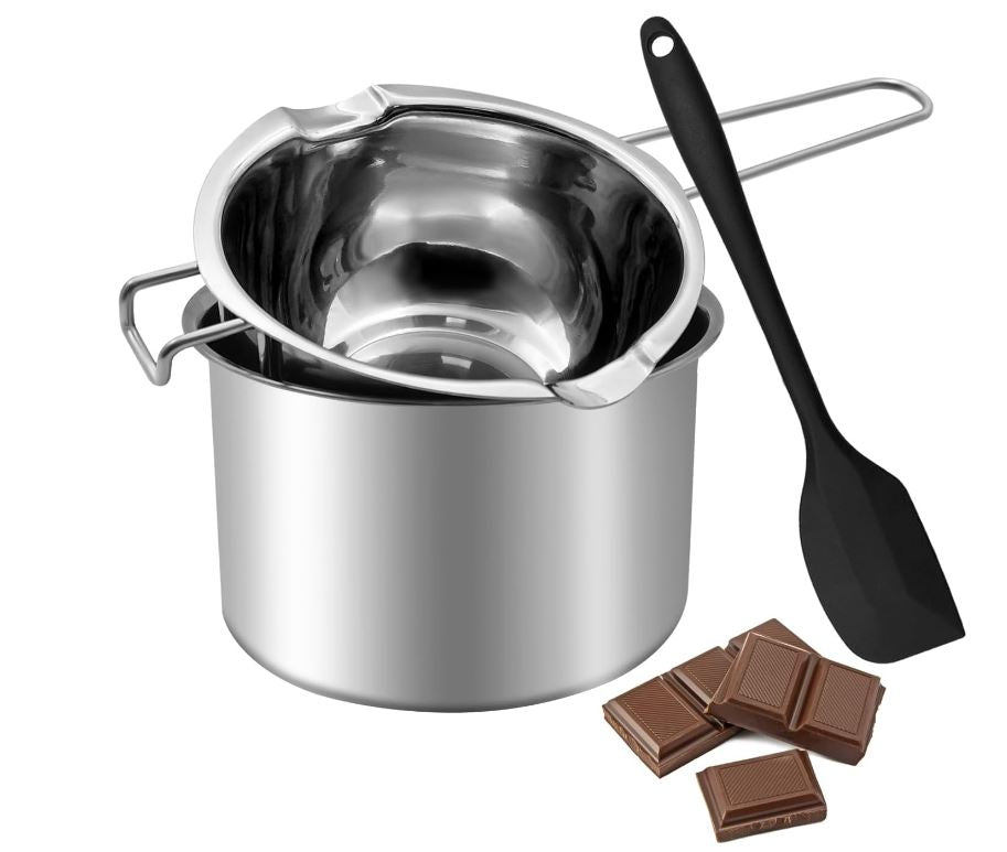 Double Boiler Pot Set, Stainless Steel Melting Pot with Silicone Spatula for Melting Chocolate, Butter, Cheese 600ml+ 1600 ml