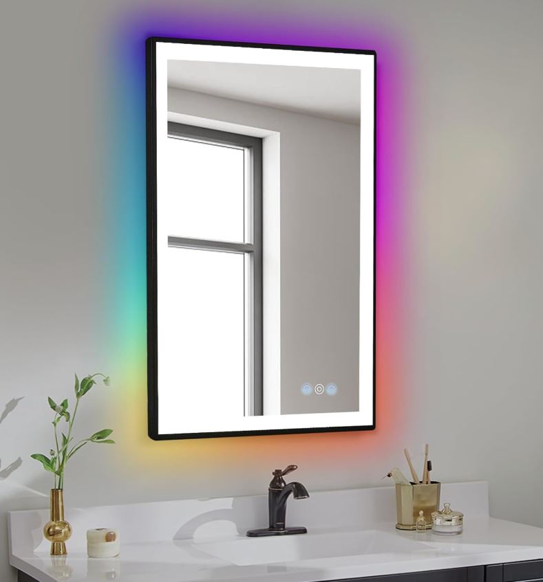 28 x 20 RGB LED Front Backlit Bathroom Mirror,Vanity Mirror with Lights,Anti-Fog,Dimmable 3000K to 6000K,Touch Button,Water Proof,Horizontal/Vertical,Lighted Wall Mounted