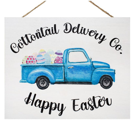 JennyGems Easter Decorations, Cottontail Delivery Co Happy Easter Wooden Hanging Door Sign, Blue Vintage Truck with Eggs, Farmhouse Easter, Made in USA