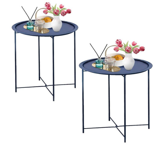Garden 4 you End Table 2 PCS Metal Side Table Dark Blue Round Folding Tray Cyan Sofa Small Accent Fold-able Table, Round End Table Tray, Next to Sofa Table, Snack Table for Living Room and Bed Room