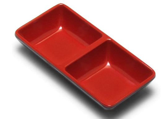 2pk Japanese Style Soy Sauce Melamine Dishes Dipping Bowls, Red and Black Color, Two Compartments