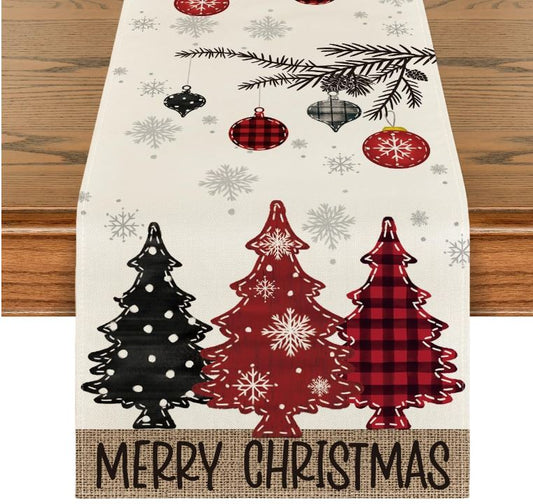 Artoid Mode Red Pine Trees Merry Christmas Table Runner, Winter Xmas Holiday Kitchen Dining Table Decoration for Home Party Decor 13x108 Inch