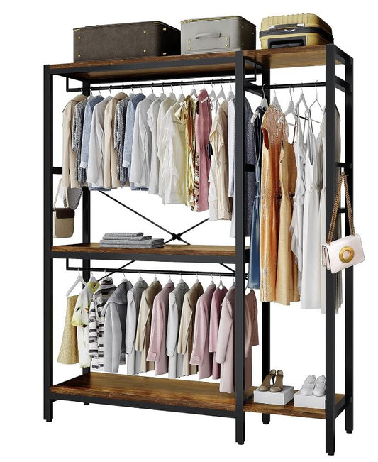 Clothes Rack, Heavy Duty Garment Rack for Clothes, Clothing Racks with Shelves and 4 Side Hooks, Freestanding Metal Wooden Closet Organizer, Wardrobe Storage Rack, Brown