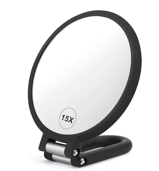 Magnifying Handheld Mirror Double Sided, 1X 15X Magnification Hand Mirror, Travel Folding Held Adjustable Rotation Pedestal Makeup Desk Vanity