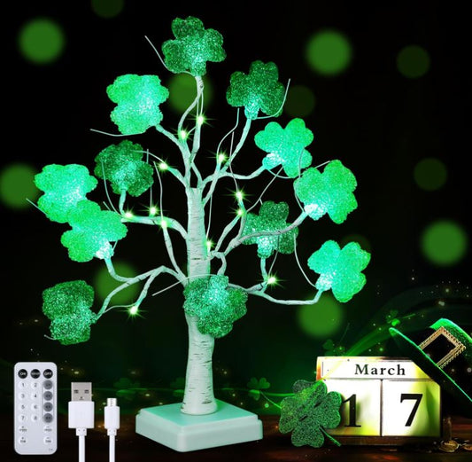 Enhon 18 Inch St. Patrick's Day Tree Lights 24 LED 12 Lighted Irish Shamrock Birch Tree Lamp with 8 Modes Remote Control, Battery and USB Operated Clover Tree Light for Table Party Feast (Multi Green)