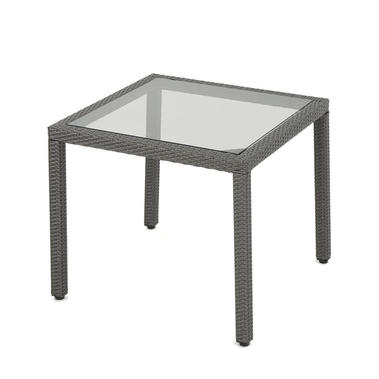 Mesa de comedor de exterior de mimbre con tapa de cristal, gris 
