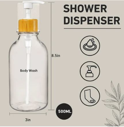 Shampoo and Conditioner Dispenser - Drill Free Soap Dispenser Wall Mount with Waterproof Labels Easy to Refill Body Wash Dispensers | 5 Clear Plastic Bottles 5 Silver Wall Mounts