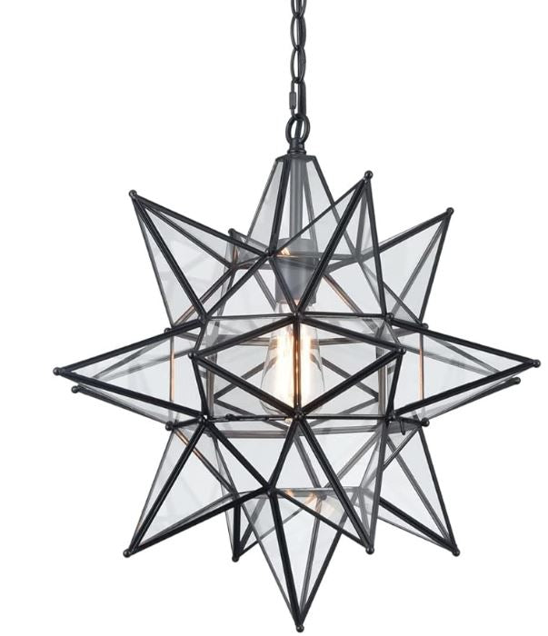 Lámpara colgante DIRYZON Boho Moravian Star de 20 pulgadas, luz colgante de techo negra grande, iluminación colgante moderna de vidrio transparente para cocina, isla, porche, dormitorio