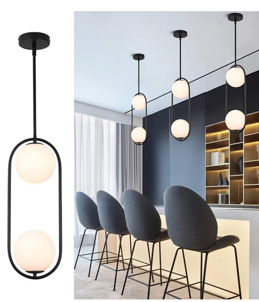 Black Modern Style Pendant Lighting Mid Century Pendant Light Fixture Hanging Lighting Fixture Vintage Style with White Globe Glass Lampshade Pendant Chandelier for Kitchen Island Dining Room Bedroom