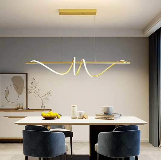 Modern Design Dimmable Desk Linear Pendant Light, with Remote Control Dimmable 3 Color Mode & Brightness Ceiling Lamp, Anti-Flicker Dining Light Fixture for Kitchen, Dining Room (Gold, 47IN)