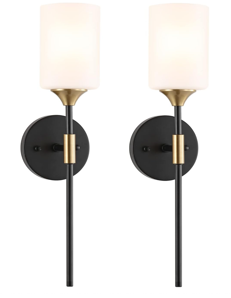 BYOLIIMA Industrial Mid Century Wall Sconce Set of 2 with White Cylinder Glass Shades Modern Bathroom Vanity Wall Lamp Black and Gold Finished Wall Light Fixture