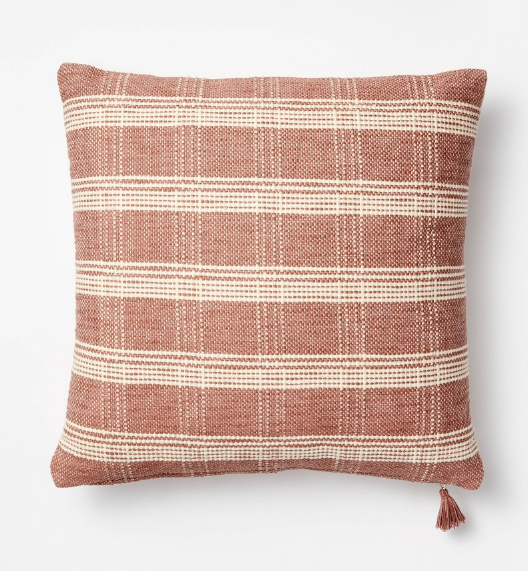 Woven Plaid Square Throw Pillow with Tassel Zipper Light Mauve/Cream -Threshold™ Designed with Studio McGee