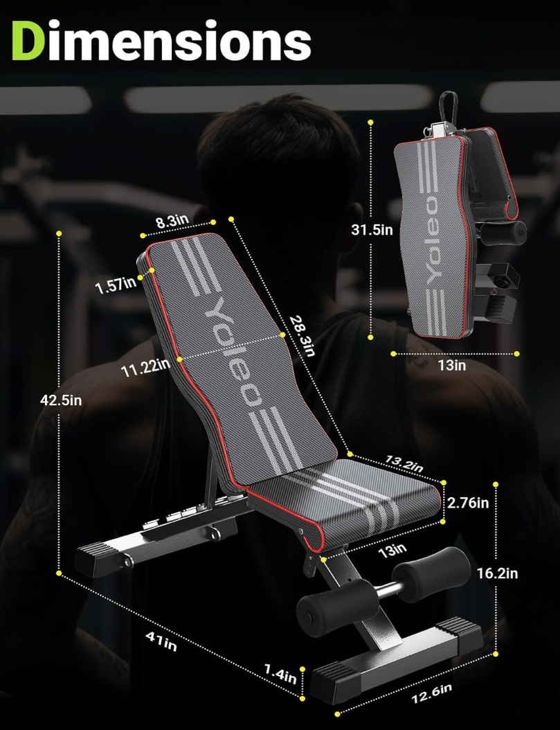 Yoleo Banco de pesas ajustable para entrenamiento de cuerpo completo, banco de prensa plegable para entrenamiento de fuerza en el gimnasio en casa, banco de entrenamiento plano inclinado y declinado con plegado rápido y ajuste rápido (negro) 