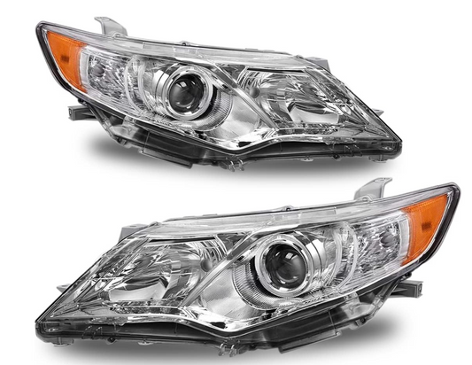 Headlights fit 2012 2013 2014 Camry Headlights, Headlamps with Chrome Housing Amber Reflector Clear Lens Replace Assembly Compatible Driver and Passenger Side Camry Headlights.