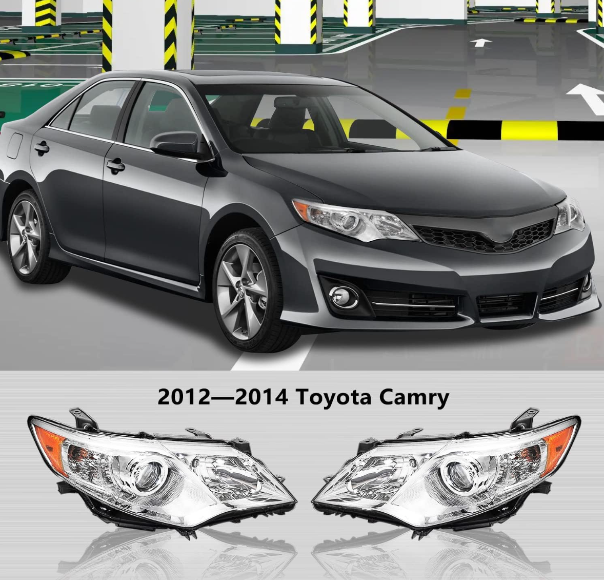 Headlights fit 2012 2013 2014 Camry Headlights, Headlamps with Chrome Housing Amber Reflector Clear Lens Replace Assembly Compatible Driver and Passenger Side Camry Headlights.