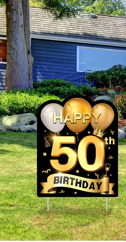 50th Birthday Yard Sign with Stakes, Outdoor Lawn Gold Birthday Sign for Birthday Party Decoration