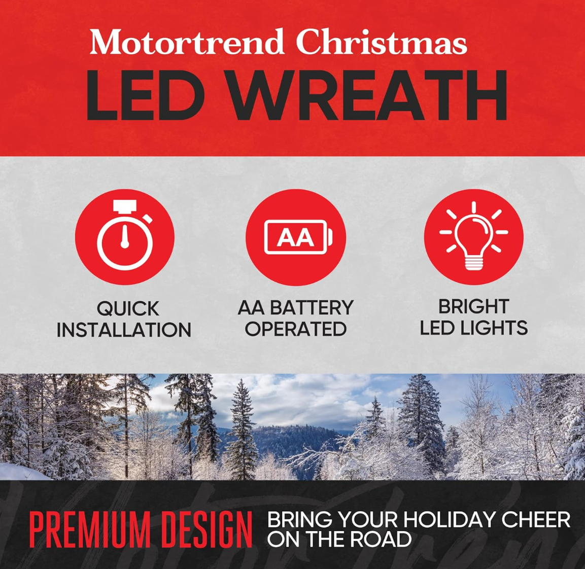 Motor Trend Corona de Navidad para coche, camión, SUV, decoración con luz LED, adorno para parrilla, montaje de Navidad, pino artificial, preiluminado, automotriz, para todo tipo de clima 