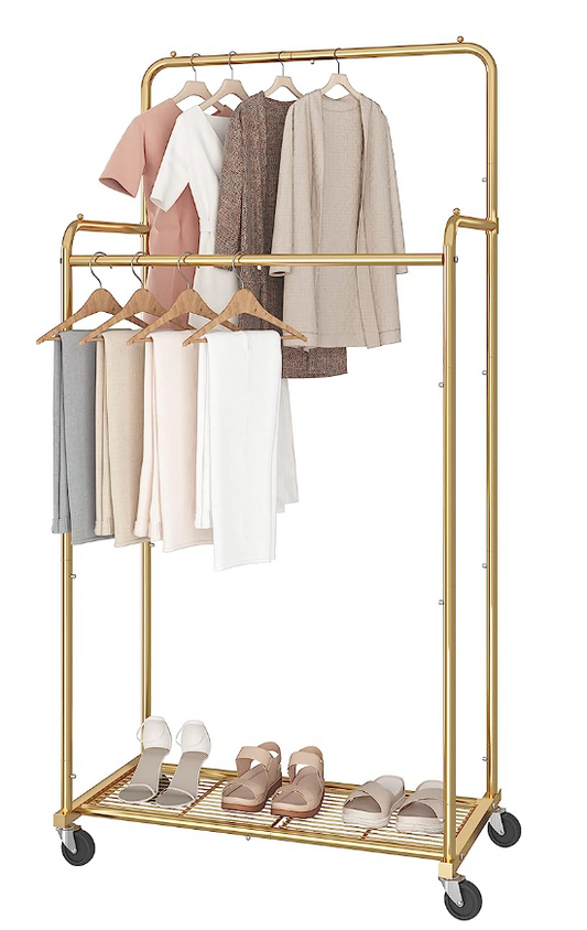 Simple Trending Double Rod Clothes Garment Rack, Heavy Duty Clothing Rolling Rack on Wheels for Hanging Clothes, Gold
