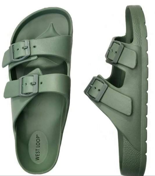 West Loop Women's Waterproof Comfort Soft Slides Double Buckle Adjustable EVA Slip-on Flat Sandals Green