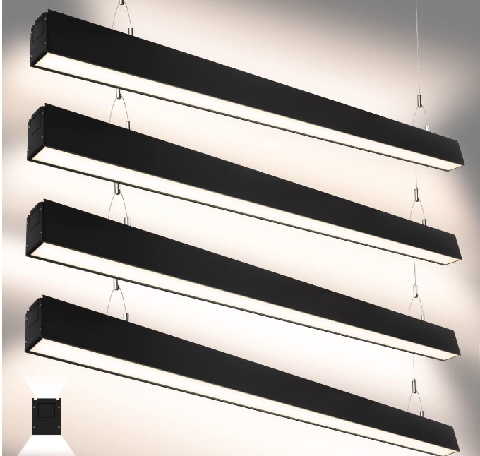 DAKASON 4FT Linkable LED Linear Light, 35W Down and 15W Up Light, 3/4/5000K CCT Selectable, Commercial Linear Lighting Fixture for Office, Dimmable Suspended Lighting for School 4Pack Black