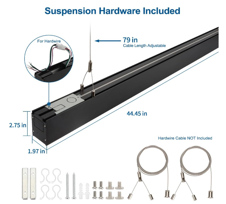 DAKASON 4FT Linkable LED Linear Light, 35W Down and 15W Up Light, 3/4/5000K CCT Selectable, Commercial Linear Lighting Fixture for Office, Dimmable Suspended Lighting for School 4Pack Black