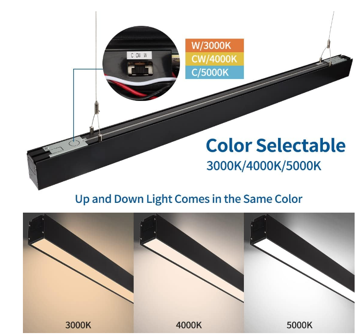 DAKASON 4FT Linkable LED Linear Light, 35W Down and 15W Up Light, 3/4/5000K CCT Selectable, Commercial Linear Lighting Fixture for Office, Dimmable Suspended Lighting for School 4Pack Black