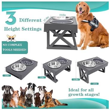 Elevated Dog Bowls Adjustable Raised Dog Bowl with 2 Stainless Steel with Slow Feeder Bowl Dog Food Bowls Stand Non-Slip No Spill Dog Dish Adjusts to 3 Heights for Small Medium Large Dogs and Cats